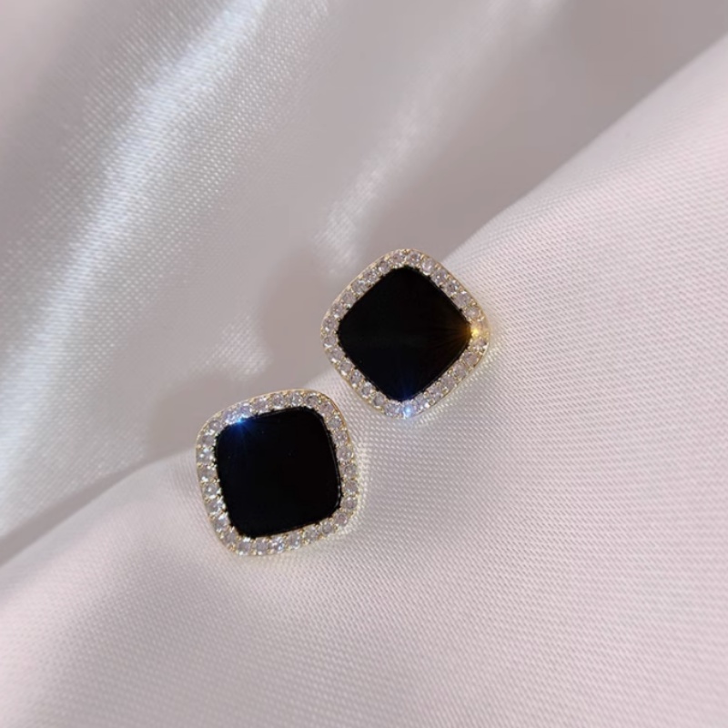 Bông Tai Mạ Bạc 925 Hình Vuông Đính Đá Pha Lê Đen Phong Cách Hàn Quốc Thời Trang Cho Nữ