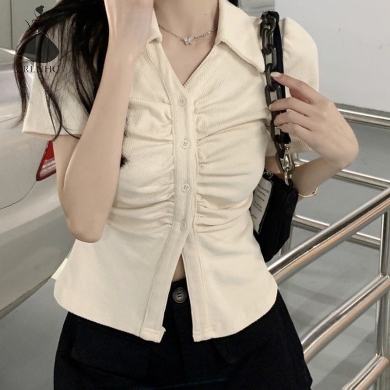 Áo Sơ Mi Tay Ngắn Dáng Ôm Màu Trơn Thời Trang Cho Nữ