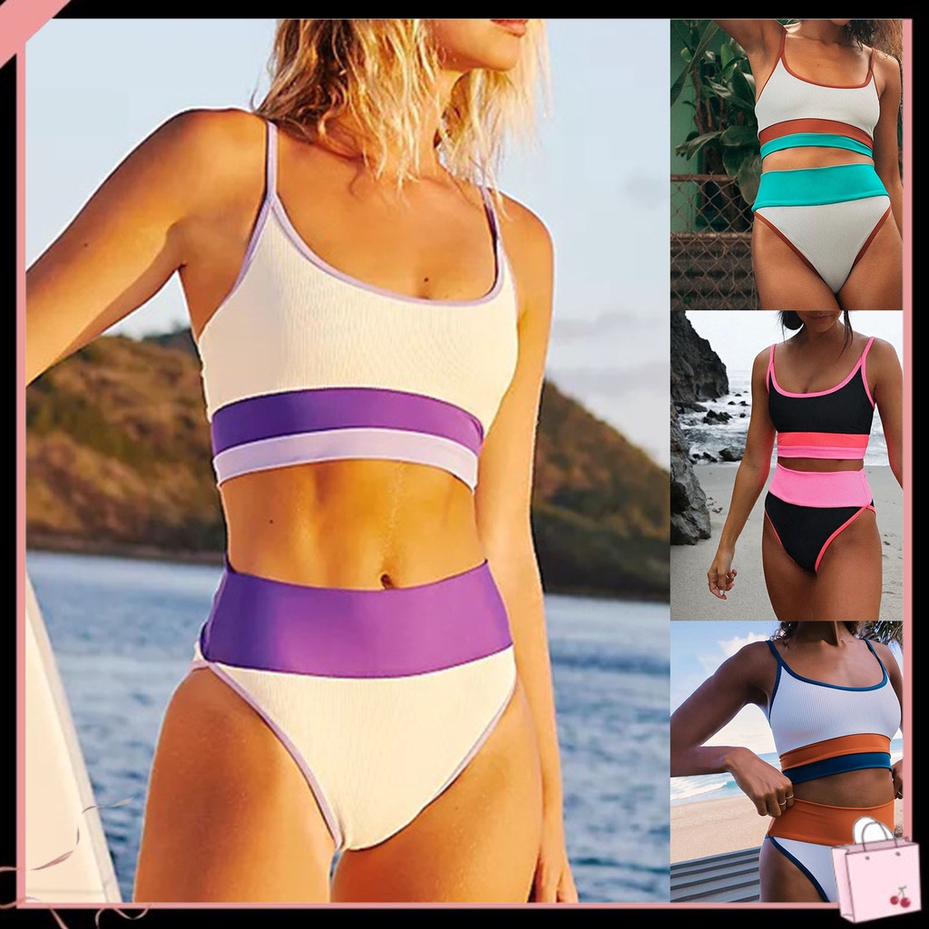 Bộ Bikini 2 Mảnh Ghép Màu Khối Lưng Cao Không Dây Cho Nữ