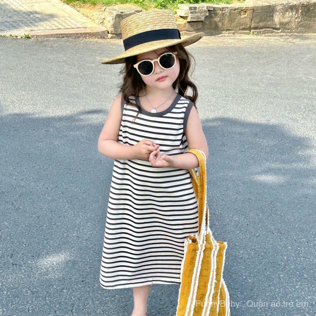 Đầm Không Tay 100% Cotton Họa Tiết Kẻ Sọc Thời Trang Mùa Hè 2023 Mới Cho Bé Gái