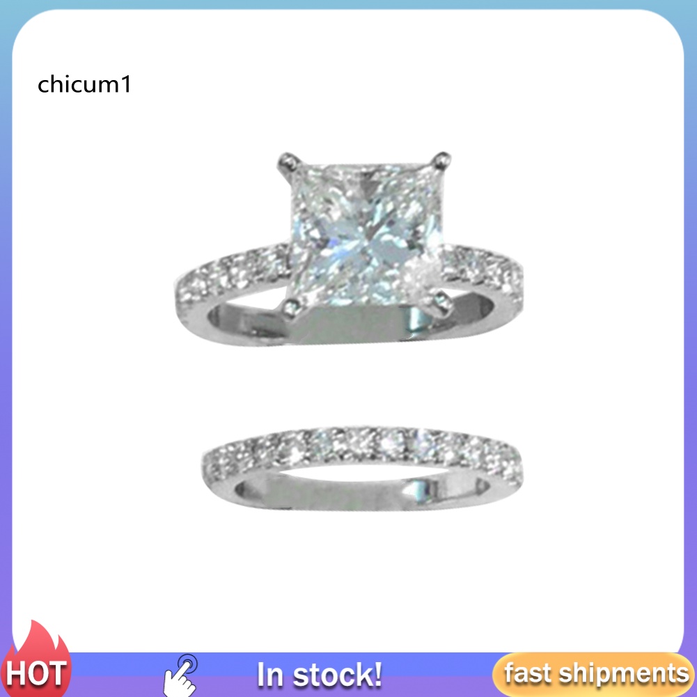 Set 2 Nhẫn Đính Hôn Mặt Vuông Đính Đá Pha Lê Dành Cho Phái Nữ