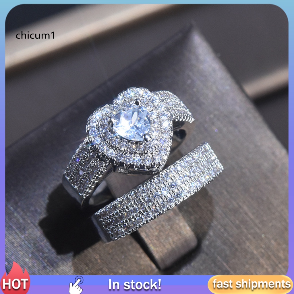 Set 2 Nhẫn Cưới Đính Đá Hình Trái Tim Sang Trọng
