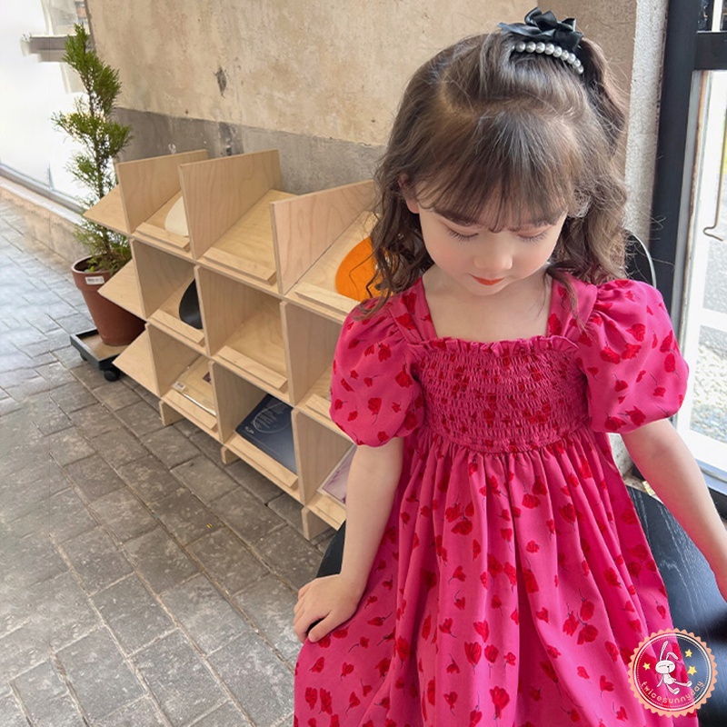 Đầm Cổ Vuông Tay Phồng Phong Cách Hàn Quốc Thời Trang Mùa Hè Xinh Xắn Cho Bé Gái