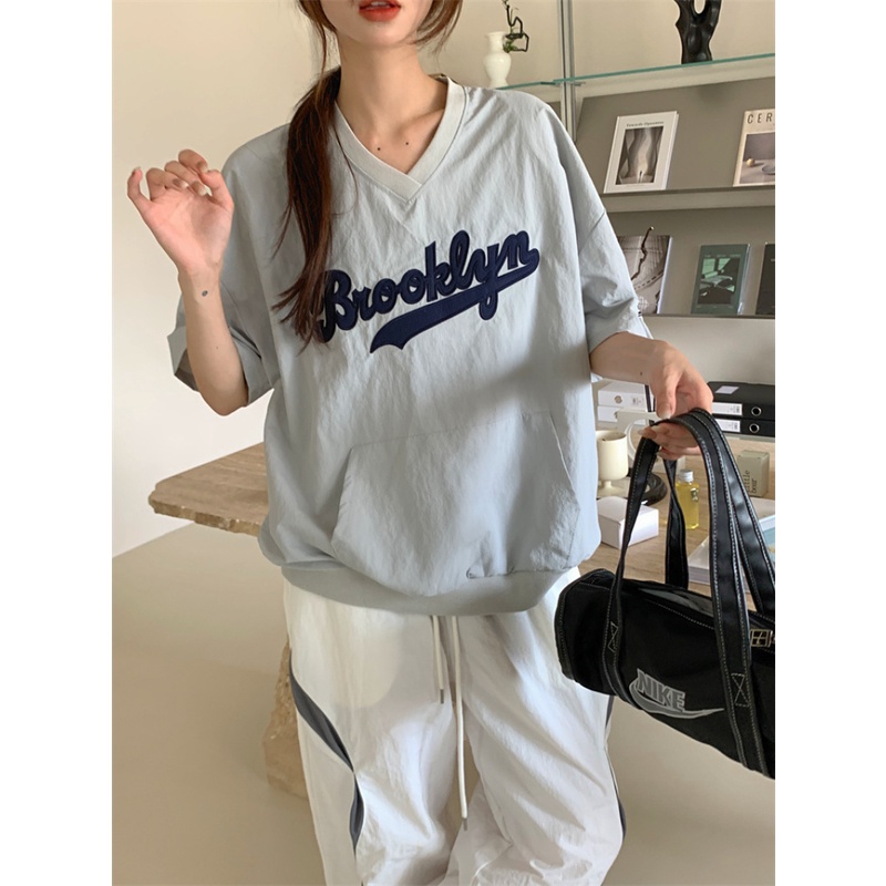 Áo Thun Bóng Chày Tay Ngắn Dáng Rộng Thêu Chữ Đơn Giản