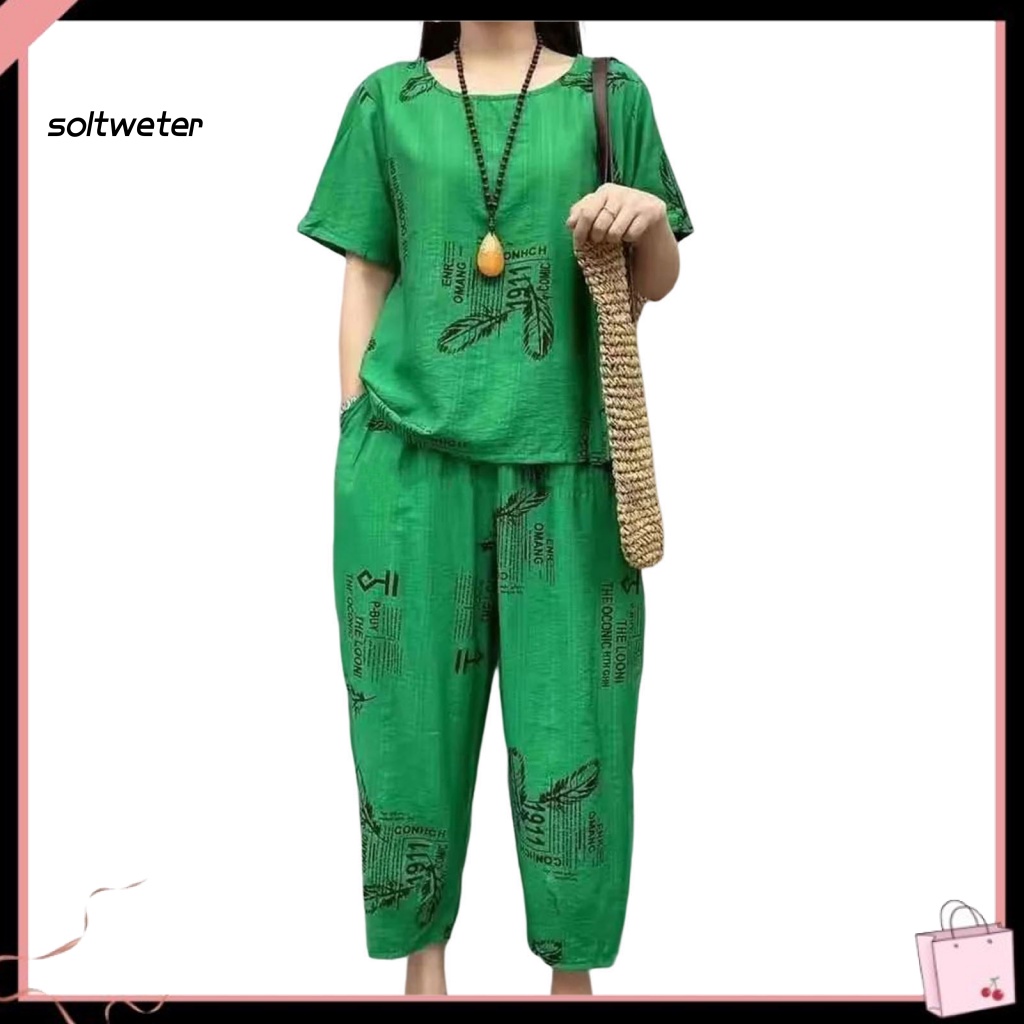 Bộ Đồ Ngủ 2 Món Áo Cổ Tròn Tay Ngắn Phối Quần Short Lưng Thun Mềm Mại Thoáng Khí In Họa Tiết Lông Vũ Thời Trang Mùa Hè Cho Nữ