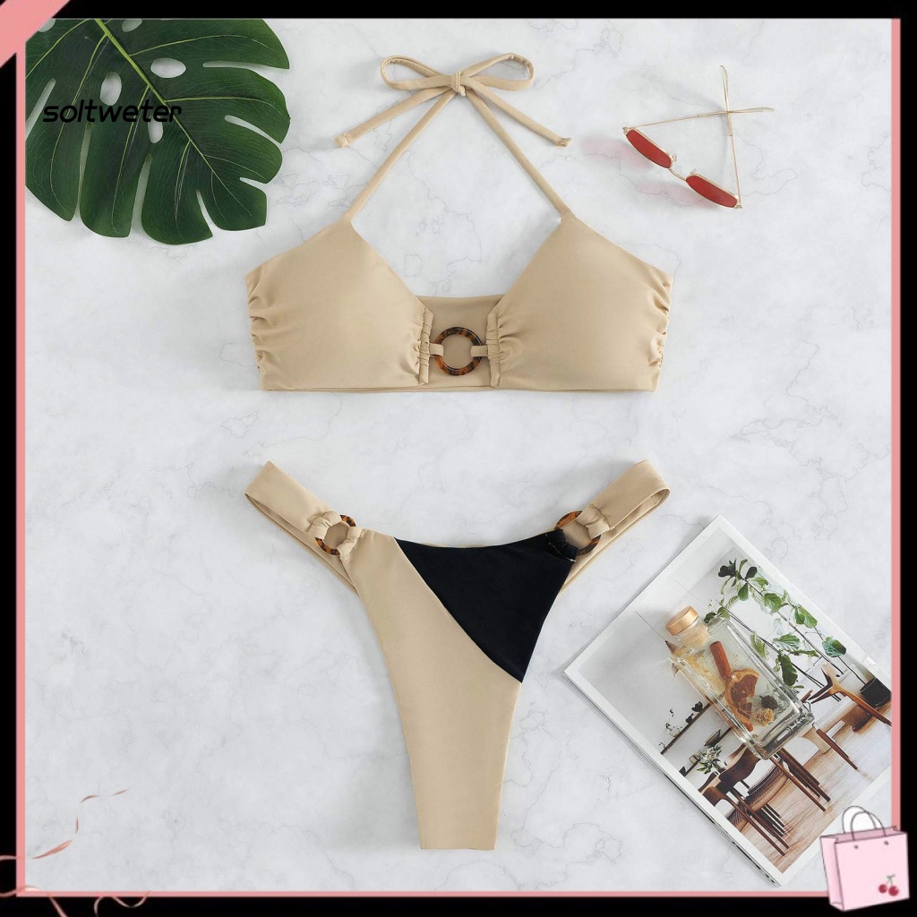 Bộ Đồ Bơi 2 Mảnh Mùa Hè Gồm Áo Cổ Yếm Cạp Cao Hở Lưng Cột Dây Màu Sắc Tương Phản Cho Nữ