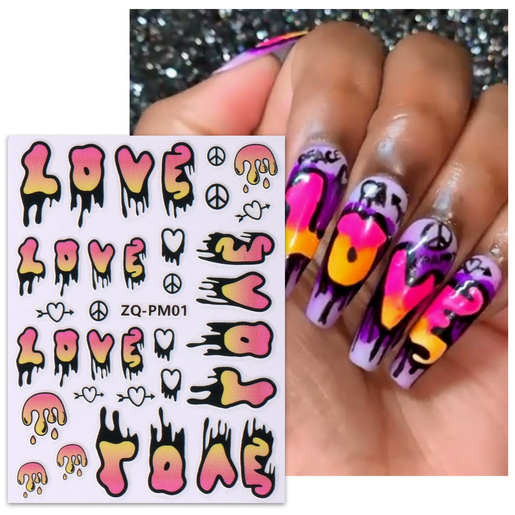 Miếng Dán Trang Trí Móng Tay In Chữ Tiếng Anh Flying Saucer Love Nấm Dopamine Màu Sắc Mùa Hè Y2K