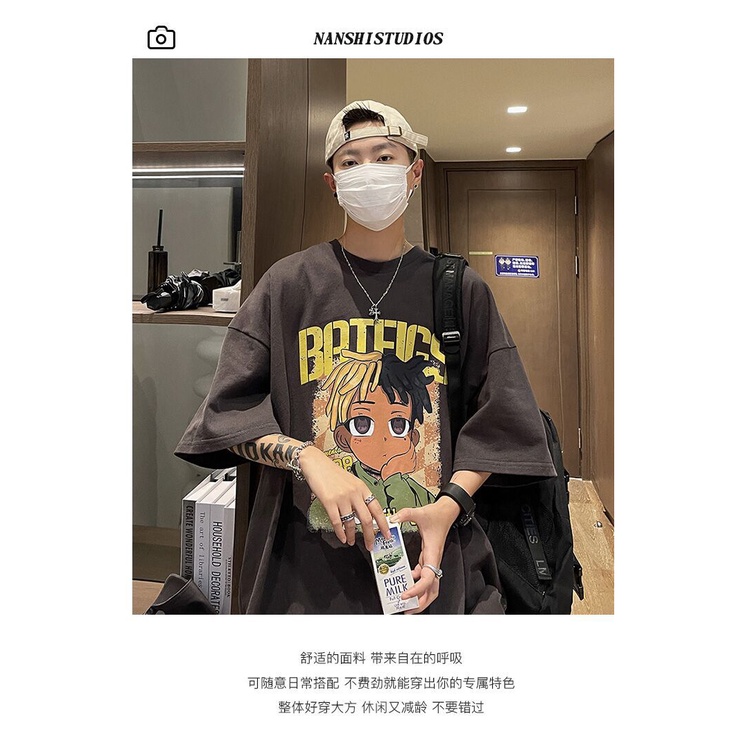 Áo thun nam ngắn tay hoạt hình mùa hè phong cách retro của Mỹ thương hiệu thời trang nửa tay rộng rãi phong cách hip-hop