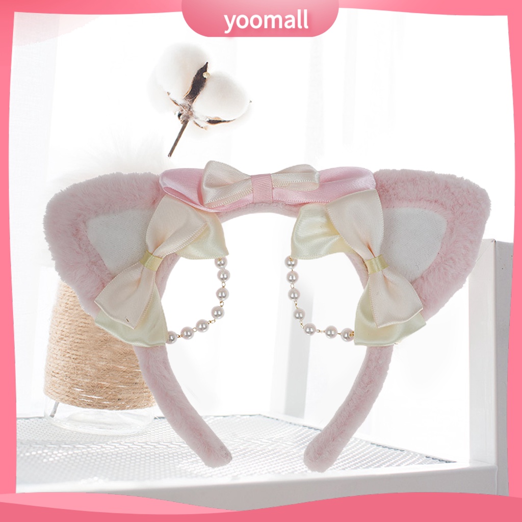 Băng Đô Tai Mèo Lông Nhung Đính Ngọc Trai Nhân Tạo Phong Cách Lolita Đáng Yêu Dành Cho Nữ