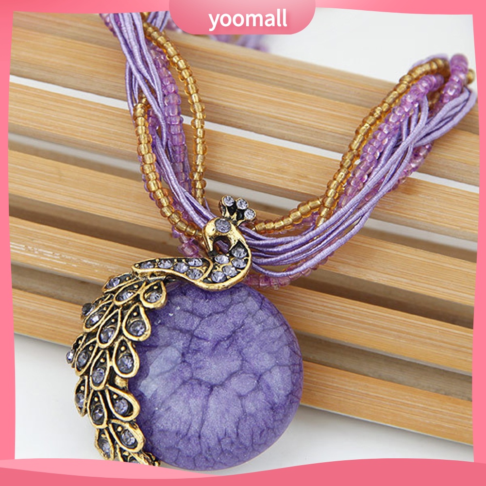 Vòng cổ Mặt Tròn Hình Chim Công Đính Đá Opal Nhân Tạo Phong Cách Bohemian