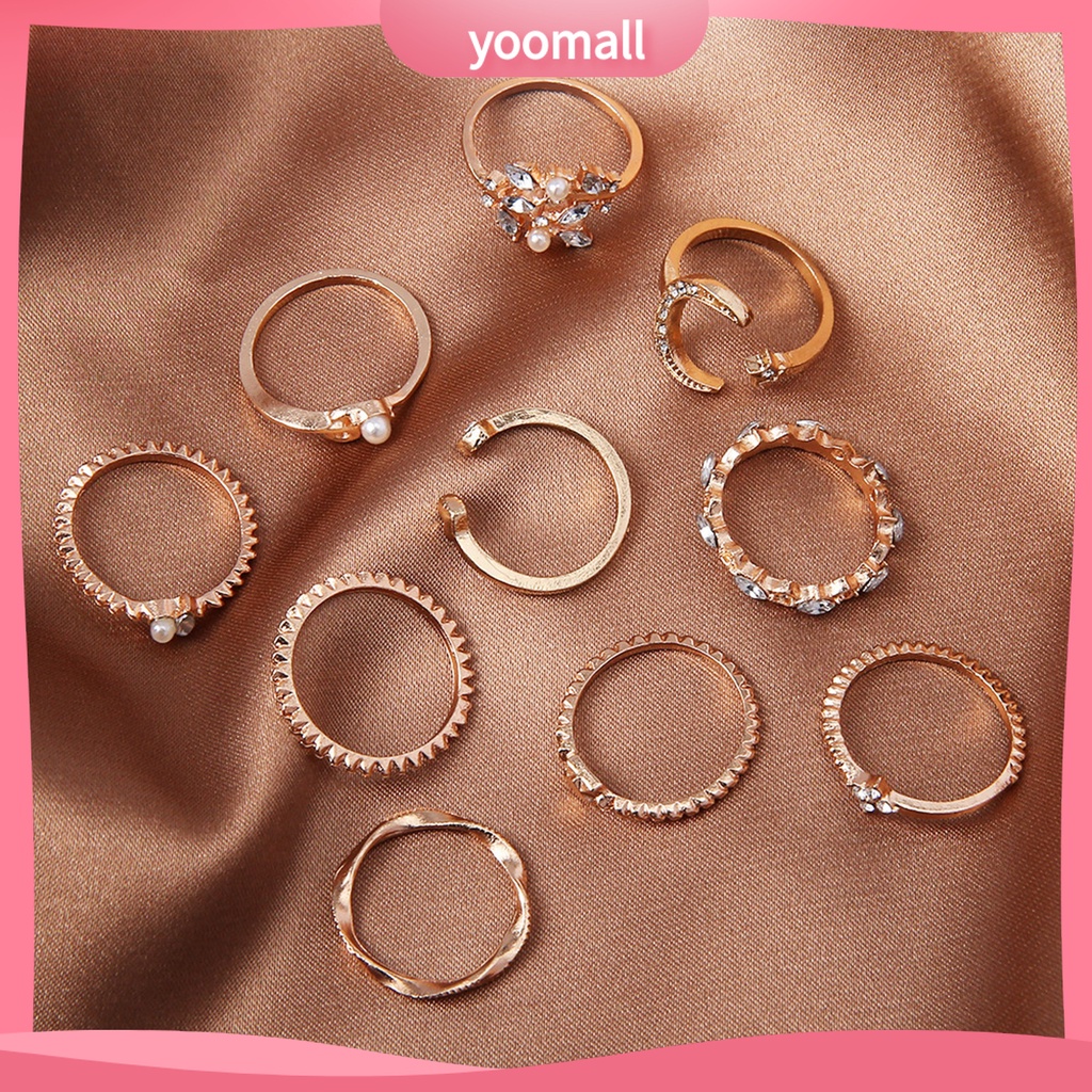 Bộ 10 Nhẫn Thời Trang Hình Học / Lá / Mặt Trăng / Trái Tim Không Phai Màu Trọng Lượng Nhẹ Cho Nữ