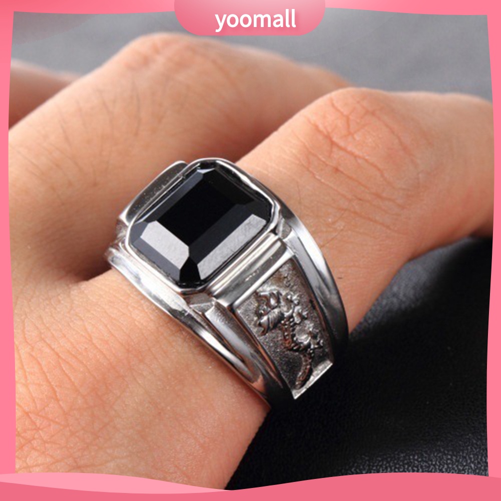 Nhẫn Mặt Vuông Chạm Khắc Hình Rồng Bằng Đồng Đính Đá Cổ Điển Cho Nam