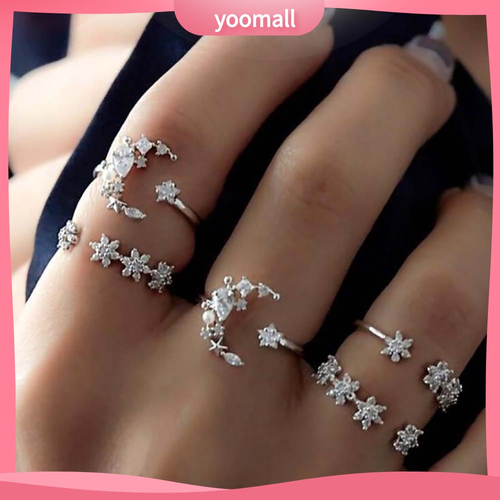 Bộ 5 Nhẫn Thời Trang Đính Đá Hình Trăng Sao Cho Nữ