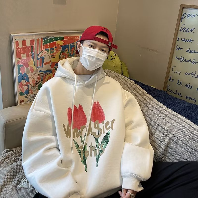 Áo hoodie dáng rộng thời trang cho nam size M-8XL Tay Dài In Hình Hoa tulip Màu Trắng Phong Cách Đường Phố Mỹ Thời Trang Cho Nam Và Nữ