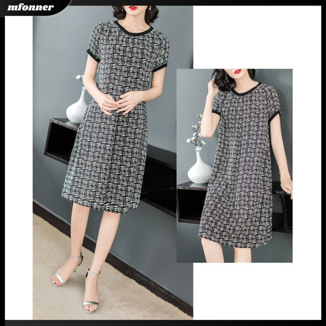 Đầm Midi Tay Ngắn Cổ Tròn In Họa Tiết Hình Học Thời Trang Mùa Hè Xinh Xắn Cho Nữ