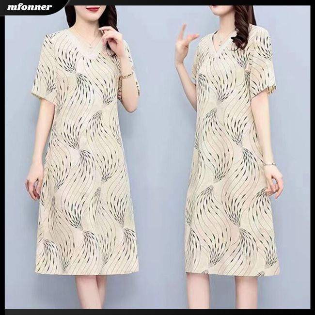 Đầm Dáng Rộng Cổ Chữ V Tay Ngắn Bằng Lụa Lạnh Thời Trang Mùa Hè Dành Cho Nữ Plus Size