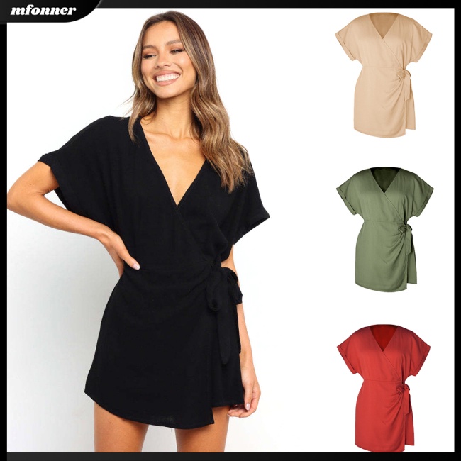 Áo liền quần Ngắn Tay Cổ Chữ V Màu Sắc Thanh Lịch Cho Nữ