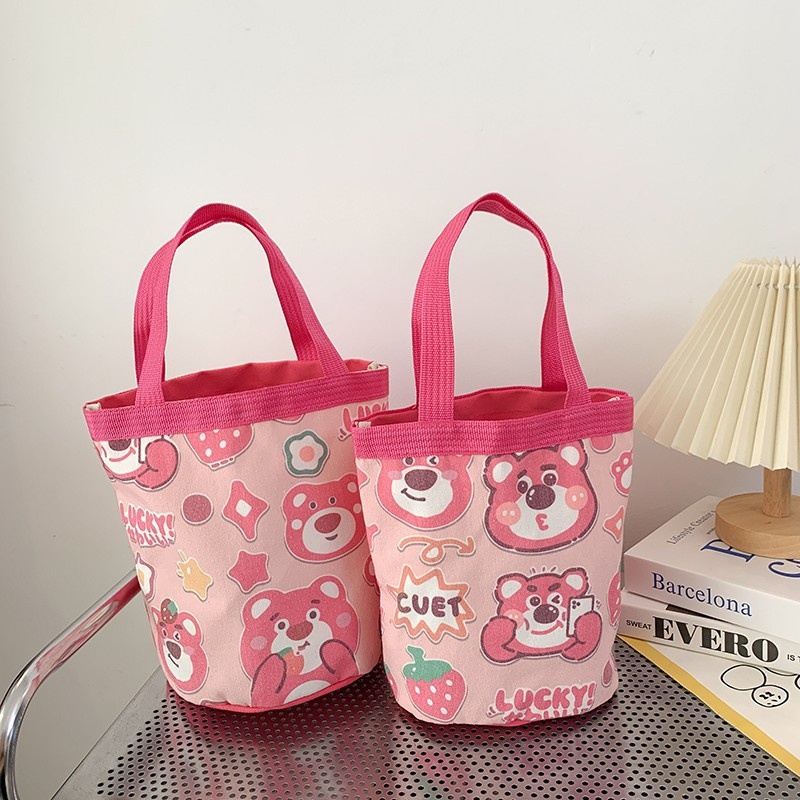 Túi xách canvas dáng XÔ đựng hộp cơm, đồ dùng cá nhân họa tiết gấu hồng siêu xinh