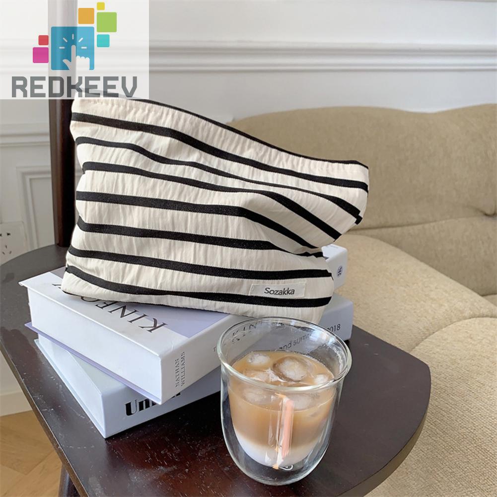 Túi Đựng Mỹ Phẩm Bằng Vải Canvas Họa Tiết Kẻ Sọc Sức Chứa Lớn Tiện Dụng Cho Nữ