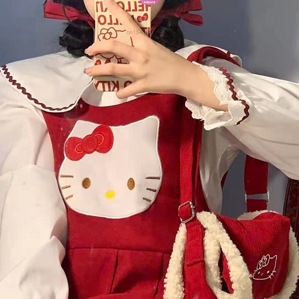 Đầm Hai Dây Dài Đến Đầu Gối Dáng Rộng In Họa Tiết Hello Kitty Màu Đỏ Ngọt Ngào Thời Trang Xuân Hè Cho Bạn Gái Y2k