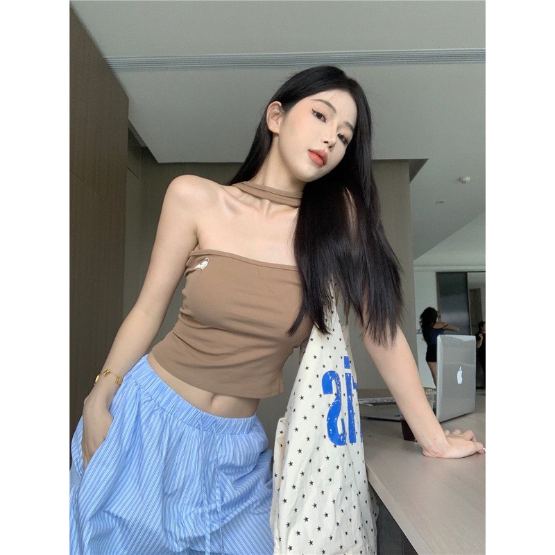 Sodazzz Áo Ống Ngắn Không Tay Thêu Hình Thời Trang Mùa Hè Màu Trơn Dành Cho Bạn Nữ