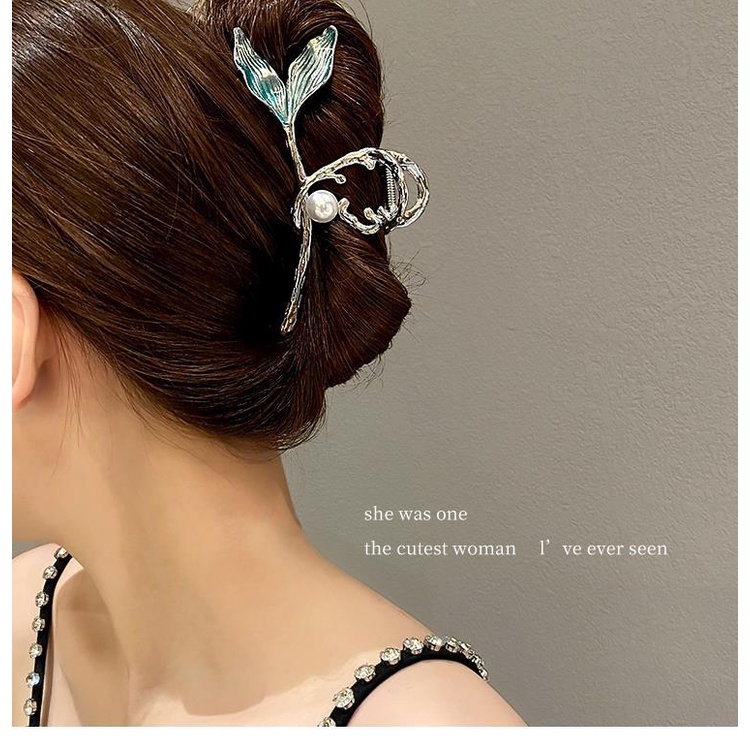 Kẹp Tóc Hình Đuôi Cá Đính Ngọc Trai Giả 13cm Bằng Kim Loại Cho Nữ
