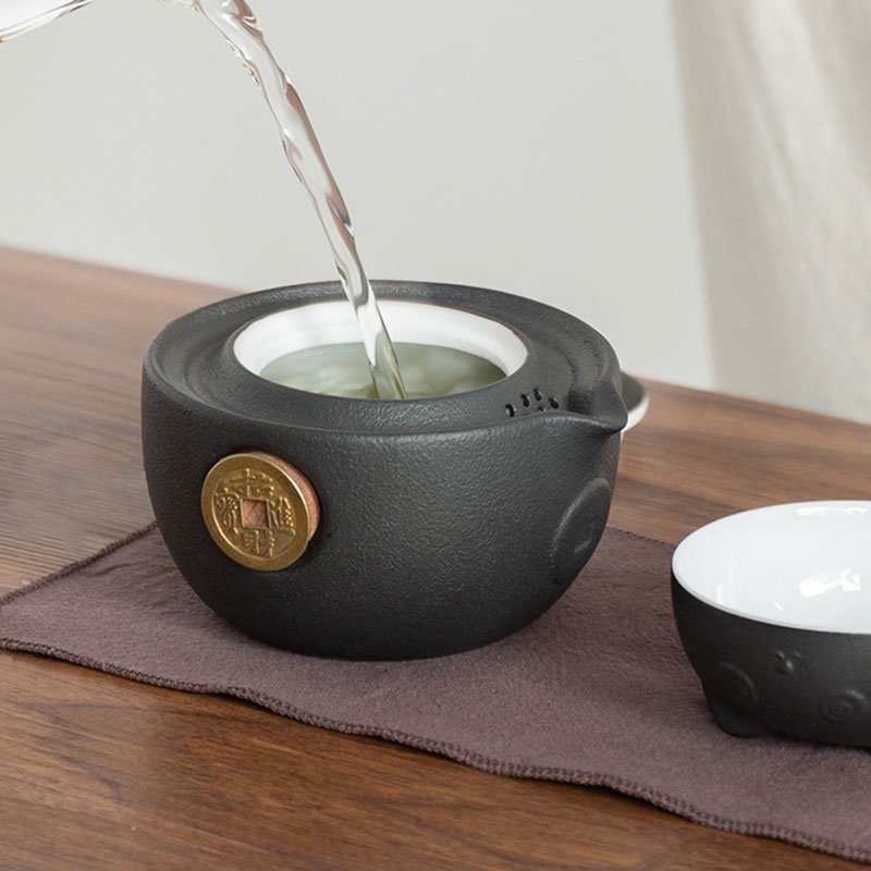 Bộ Ấm Trà Bằng Sứ Hình Mèo Dễ Thương Kèm Túi Đựng Tiện Dụng Mang Theo Du Lịch / Văn Phòng