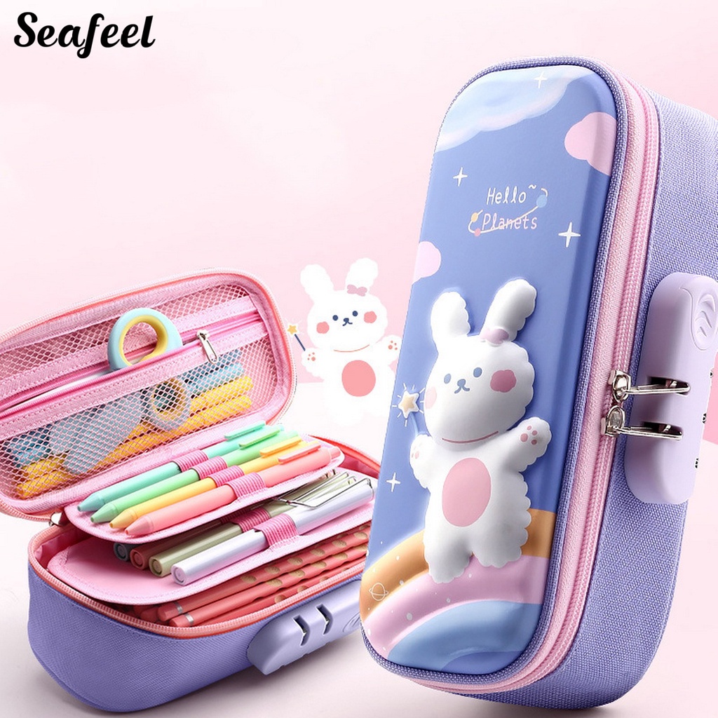 Túi Đựng Bút Chì Hai Lớp Thiết Kế Khóa Kéo Kép In Hình Thỏ 3D Dễ Thương Tiết Kiệm Không Gian Có Tay Cầm Sử Dụng Hàng Ngày