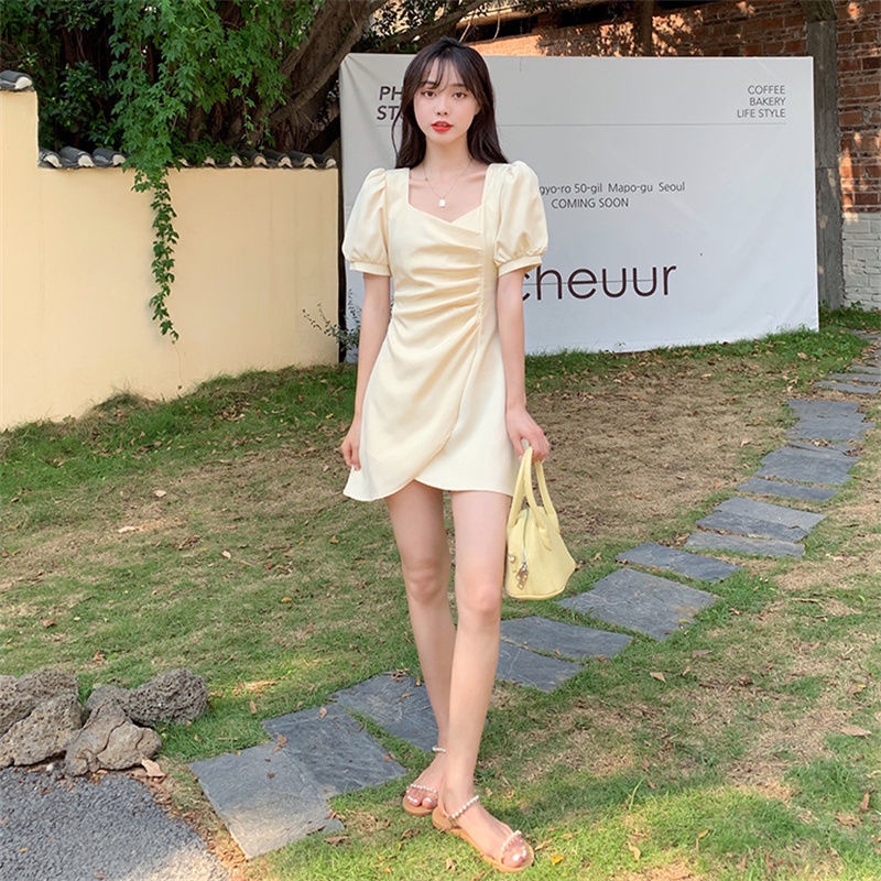 Đầm Mini Cổ Vuông Tay Phồng Xếp Ly Màu Trơn Thời Trang Mùa Hè Xinh Xắn Cho Nữ PJ