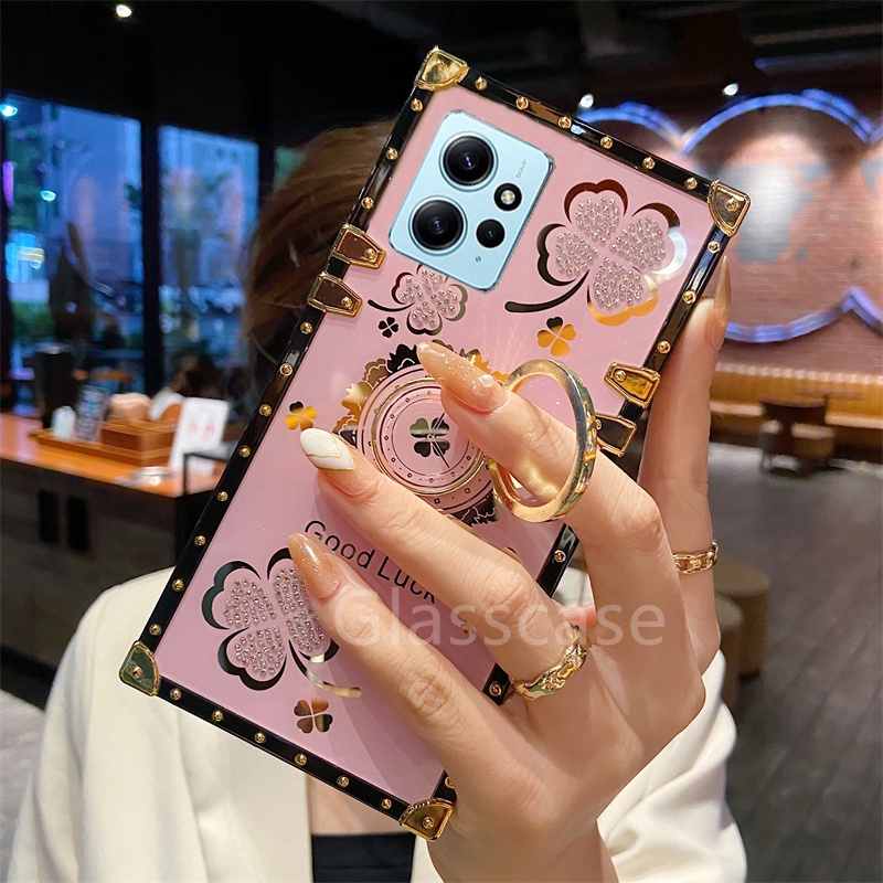 Ốp Điện Thoại Hình Cỏ Ba Lá Đính Đá Gắn Nhẫn Đỡ Cho Xiaomi Redmi Note 12 Pro 12Pro Note12 Note12Pro 4G 5G 2023