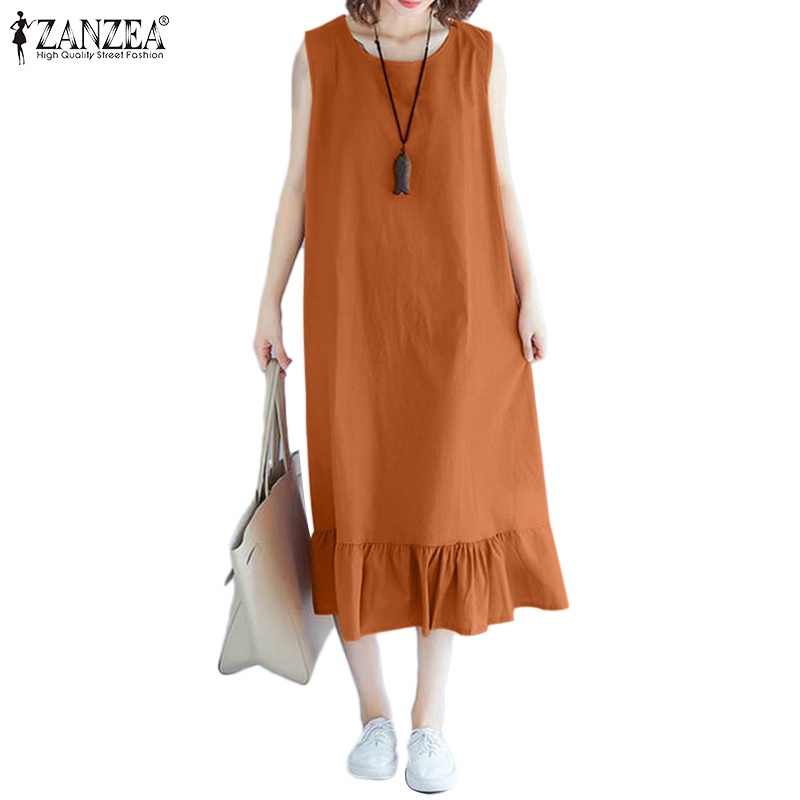 Zanzea Đầm Nữ Cộc Tay Cổ Tròn Thời Trang Hàn