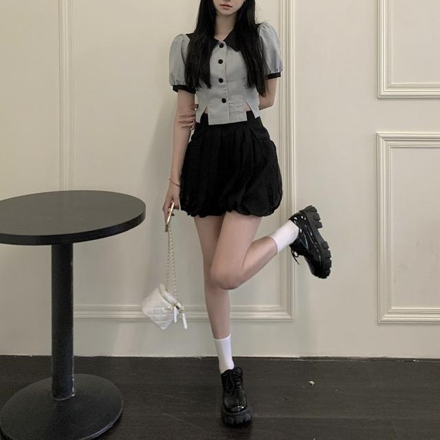 Set Áo Sơ Mi Tay Phồng Màu Tương Phản + Chân Váy Lưới Thời Trang Dành Cho Nữ