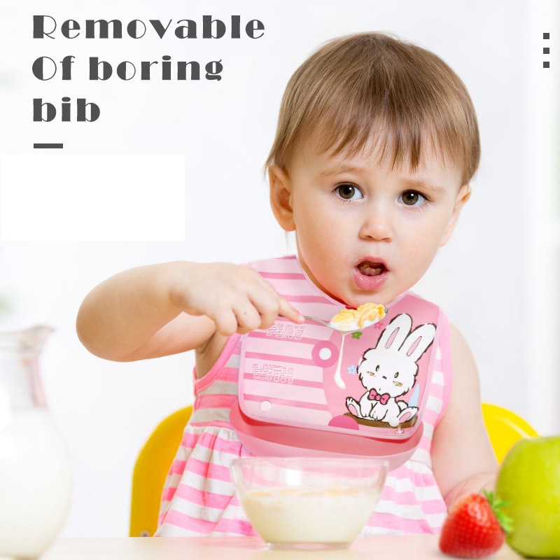 Yếm Ăn Silicon Ba Chiều Chống Thấm Nước Có Nút Bấm Cho Bé