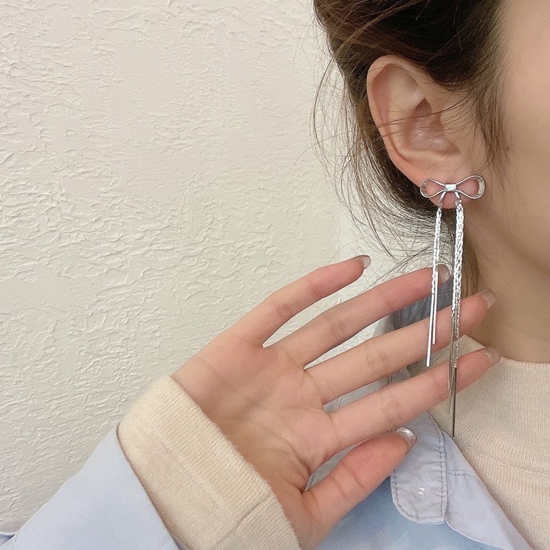 Đôi Bông Tai Dáng Rơi Họa Tiết Thắt Nơ Bằng Thép Không Gỉ Thời Trang Cho Nữ