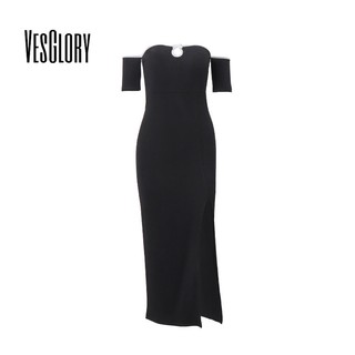 VesGlory Đầm Maxi Nữ Thời Trang Màu Trơn Lưng Bất Đối Xứng Tay Ngắn Eo Cao Gợi Cảm