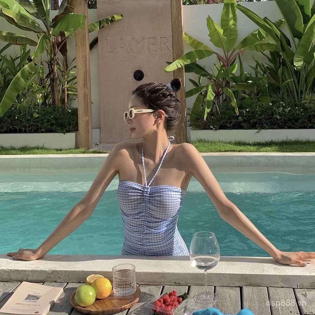 Korean new style Plaid girl style cute plaid drawstring belly covering slimming holiday sister swimsuit women's UFMC