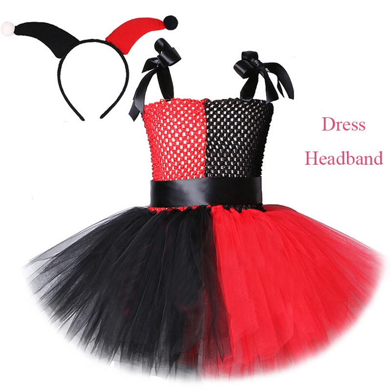 Harley quinn cosplay trang phục cho bé gái chú hề joker tutu dress cho trẻ em cô gái với băng đô vớ màu đen đỏ tiệc sinh nhật vestido