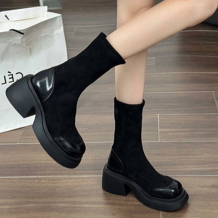 Giày Bốt Da Lộn Gót Vừa Mũi Tròn Thời Trang Mùa Đông Cho Nữ