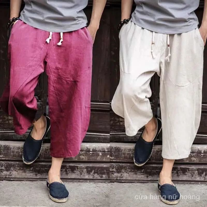 Quần Lửng Cotton Lanh Ống Rộng Phong Cách Trung Hoa Thời Trang Mùa Hè Cho Nam