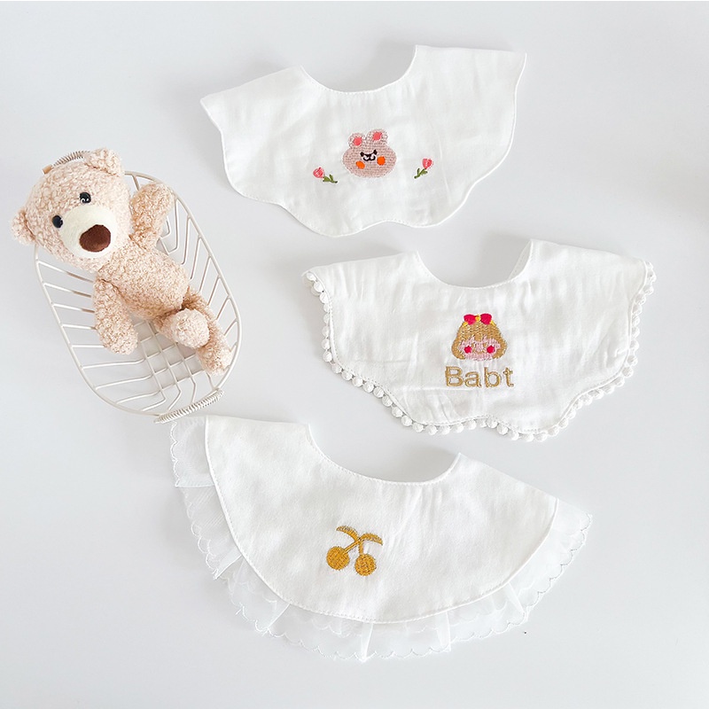 Set 3 Yếm Ăn Cotton 4 Lớp Thêu Họa Tiết Hoạt Hình Cho Bé