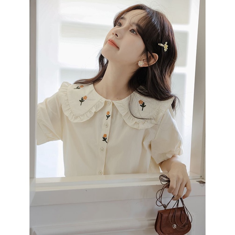 Búp bê cổ bong bóng tay áo thêu cho phụ nữ Pháp Vintage College Wind Top