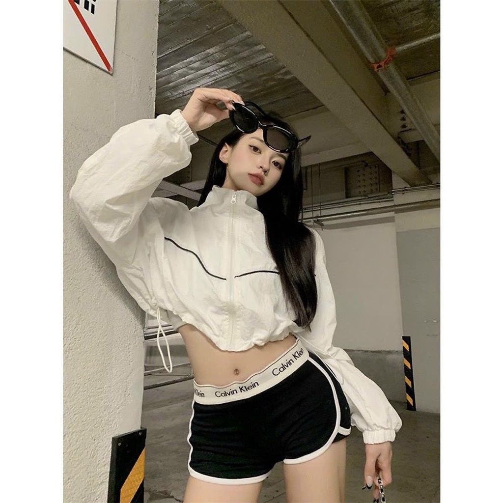 Áo khoác lửng croptop dù 2 lớp phối viền ad759 rút dây unisex ulzzang nam nữ
