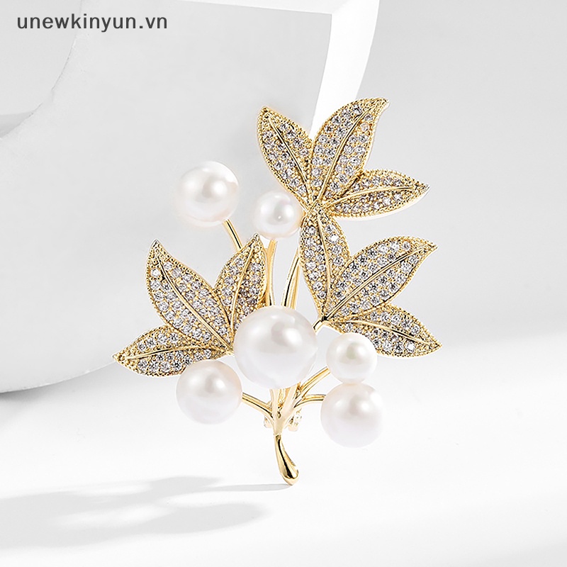 Ghim Cài Áo Hình Lá Đính Ngọc Trai Thời Trang Cho Nữ
