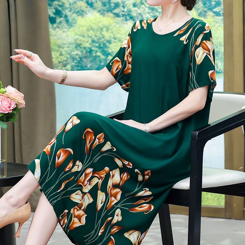 Đầm Mùa Hè Cao Cấp Tay Ngắn Kích Thước Lớn In Họa Tiết Phong Cách Mới 2023 Cho Nữ Trung Niên