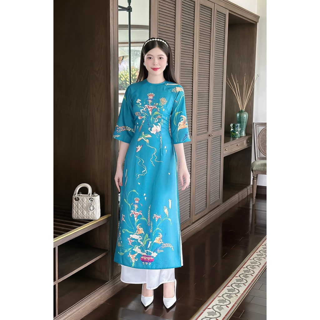 Áo dài cách tân chất liệu tơ óng in họa tiết cao cấp-  Xưởng Áo Dài Cách Tân - AD64