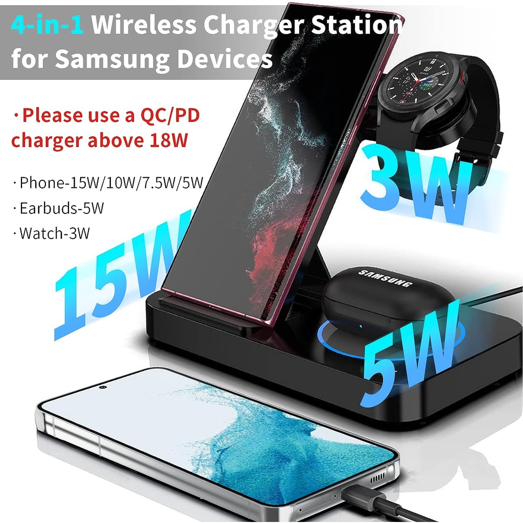 Đế Sạc Không Dây 4 Trong 1 Cho Samsung Galaxy S23 Ultra S22 S21 S20 Note20 Z Fold 4 / 3 / 2 Z Flip 4 / 3 / 2 Galaxy Buds 2 Pro Galaxy Watch 5 / 4 / 3 / 22