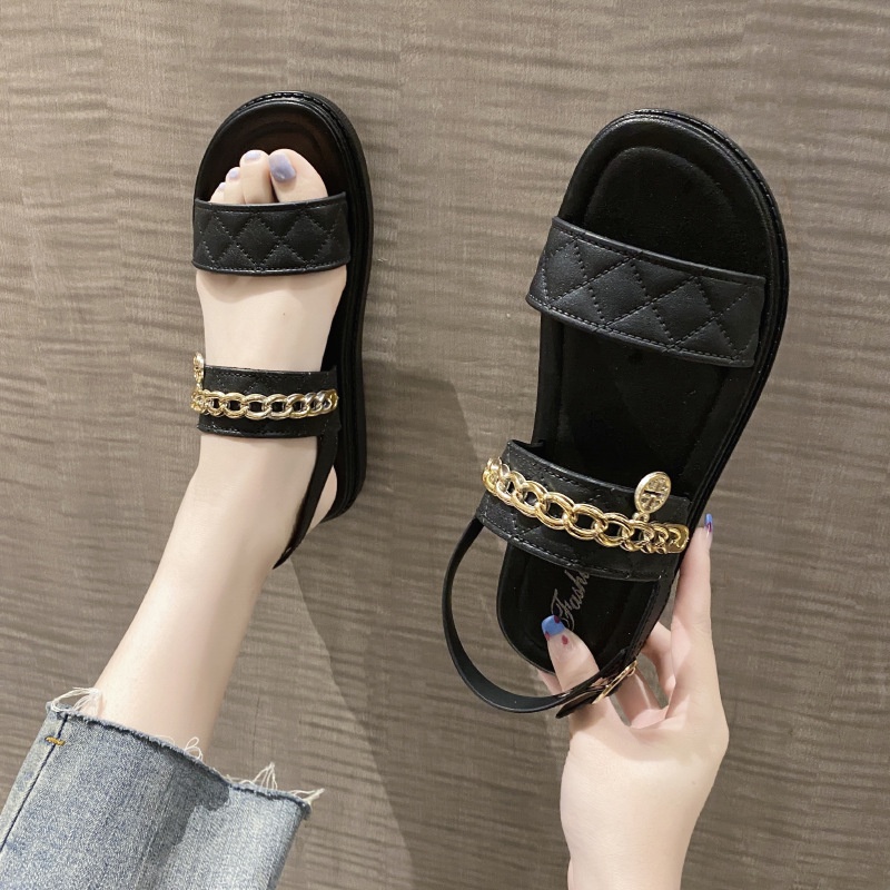 Dép Sandal Quai Chéo Phối Dây Xích Vàng Chống Trượt Thời Trang Mùa Hè Cho Nữ