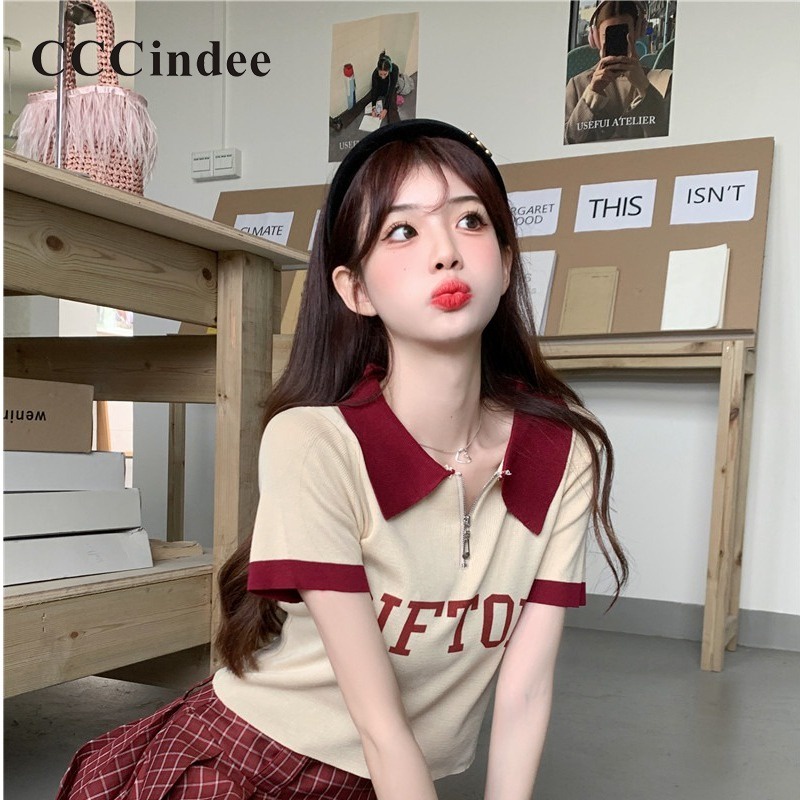 Cccindee women's 2023 new fashion letter print slim fit short sleeve zipper causal all match polo shirt