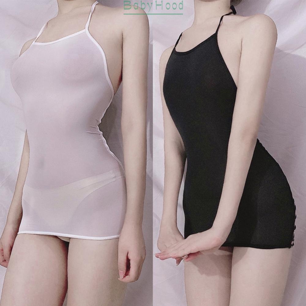 【Big Discounts】Nightdress Comfortable Glossy Ice Silk Nylon See Through Sheer Short Dress#BBHOOD