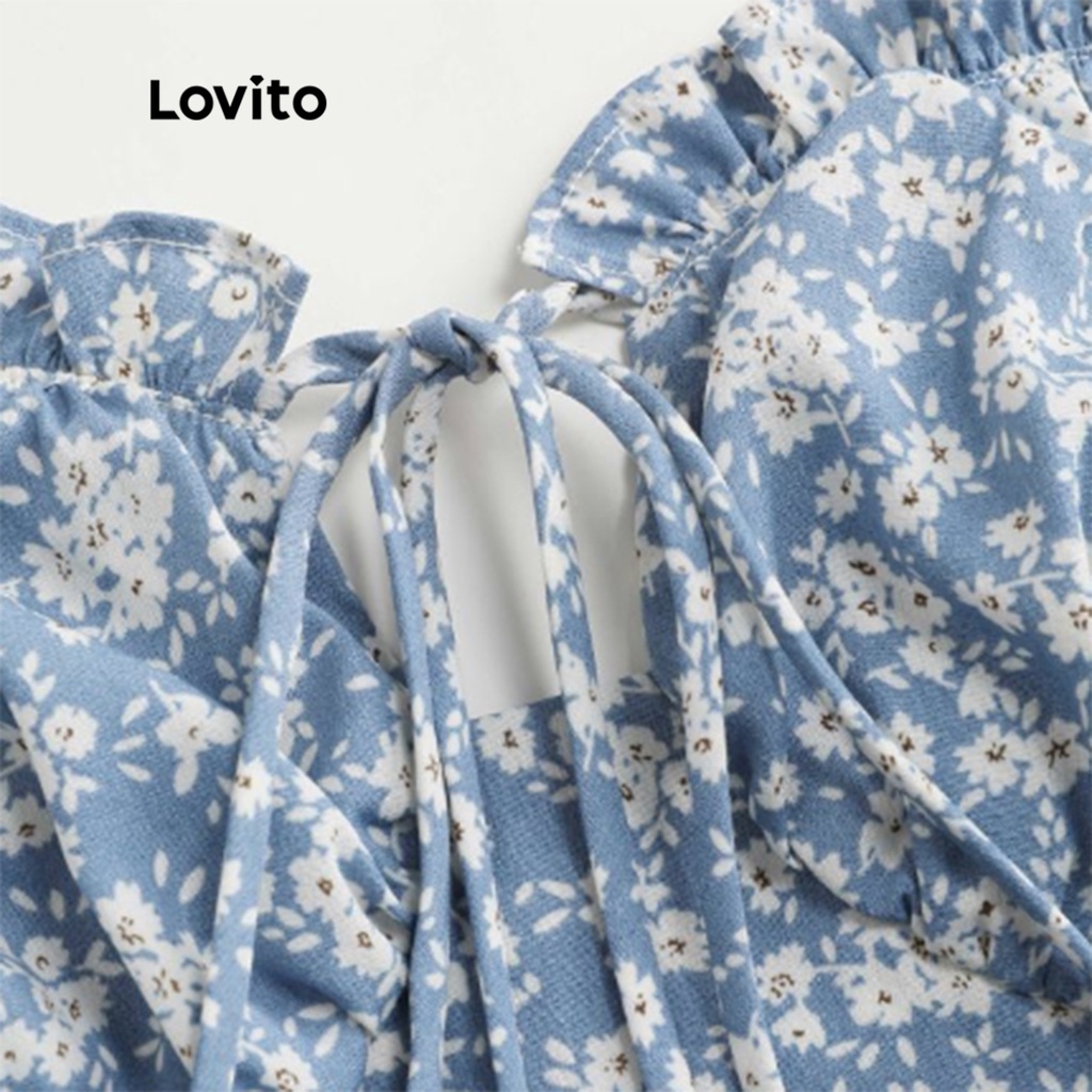Đầm LOVITO viền xếp nếp nhún bèo đường kết cấu buộc dây họa tiết hoa nhí thường ngày cho nữ L55AD107 (Màu xanh dương)